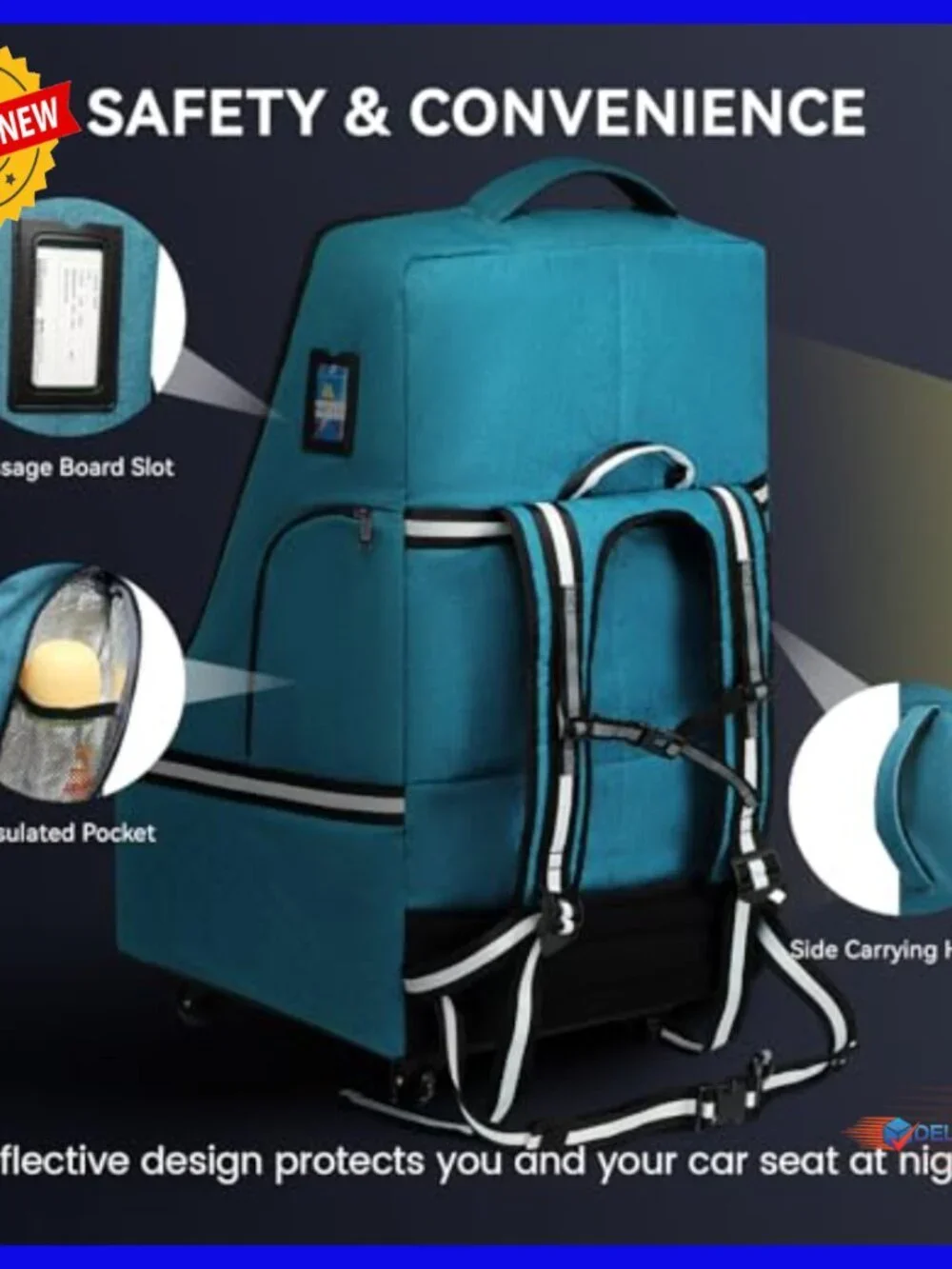 Padded Car Seat Travel Backpack with Wheels, Adjustable Strap, Waterproof Base